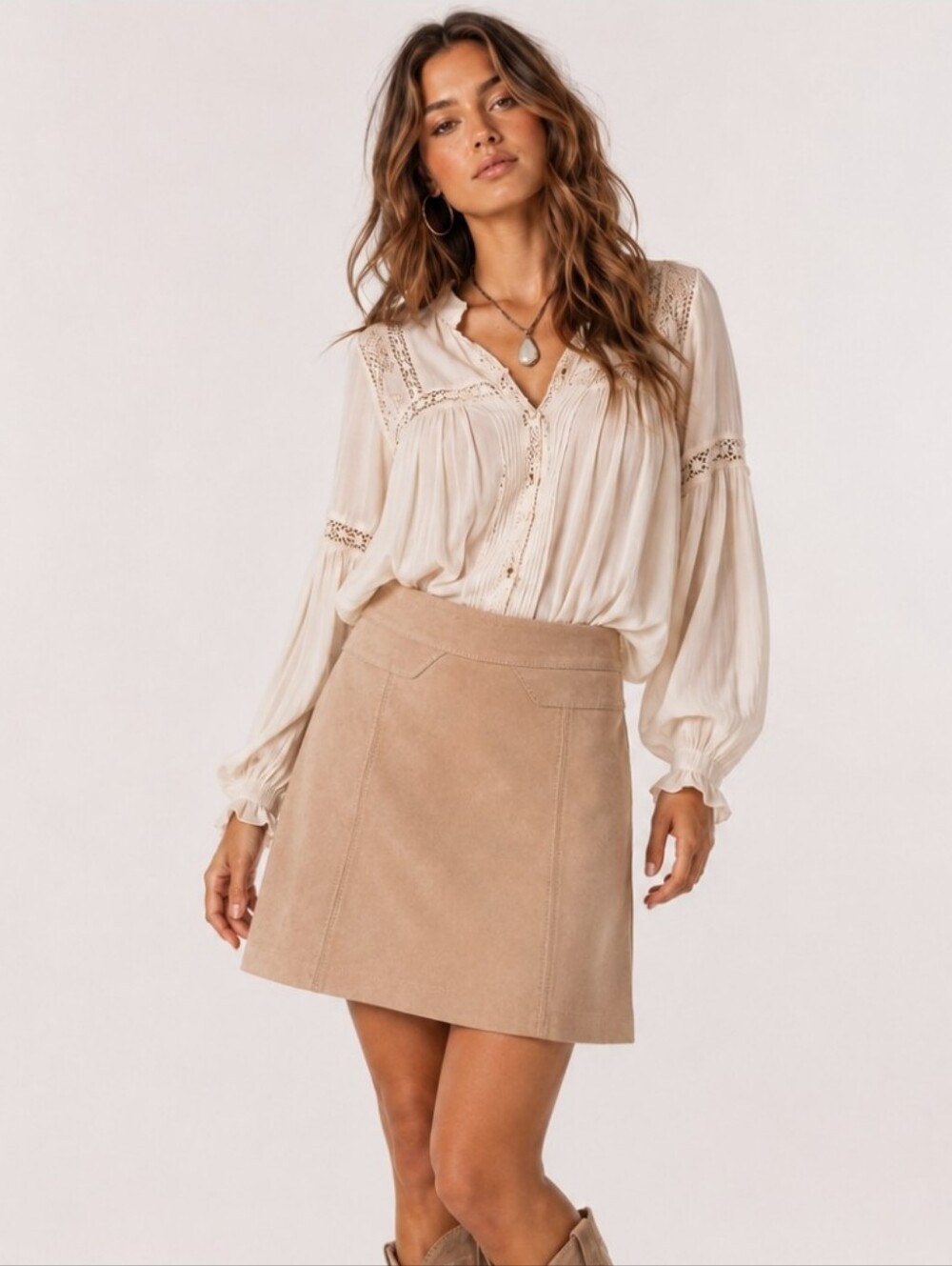 💥HALLHUBER Genuine Suede Leather Mini Skirt Light Camel Beige Size 40   #Z